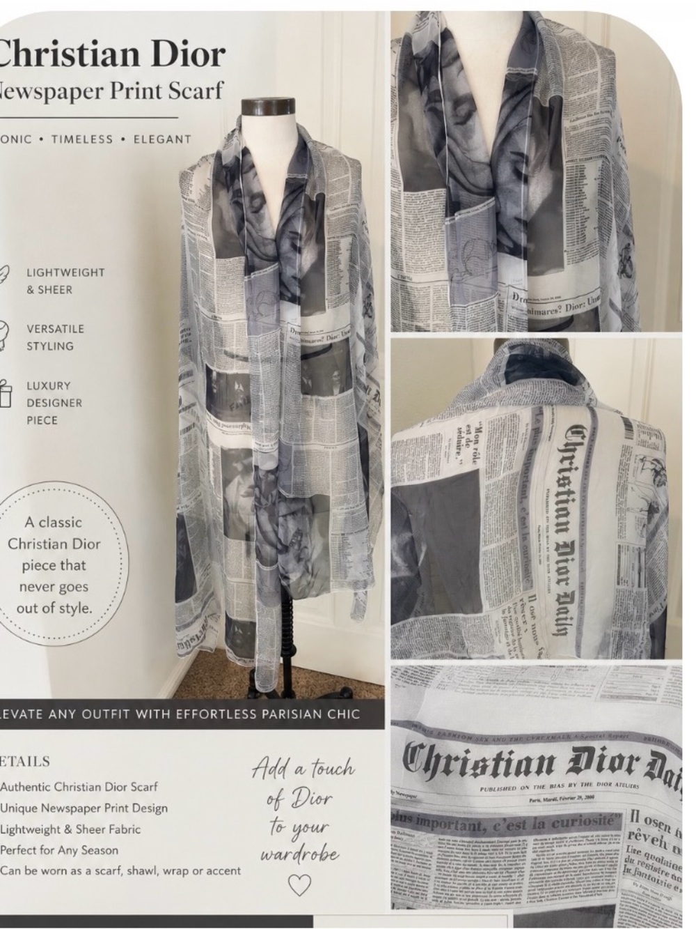 Dior Black & White Newspaper-Print Scarf rare vintage